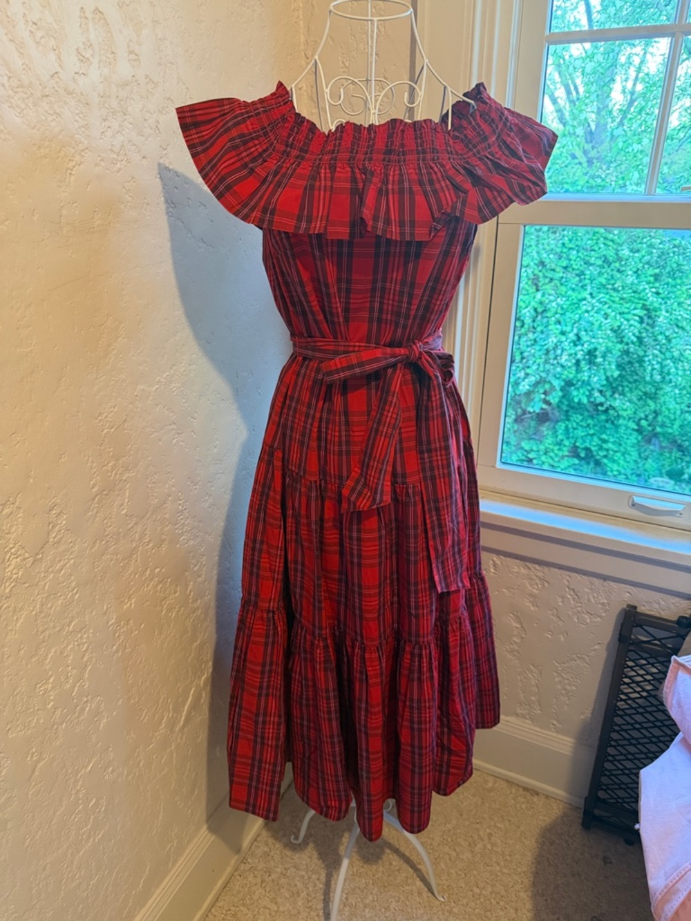 Draper James Red Plaid Off-Shoulder Maxi Dress